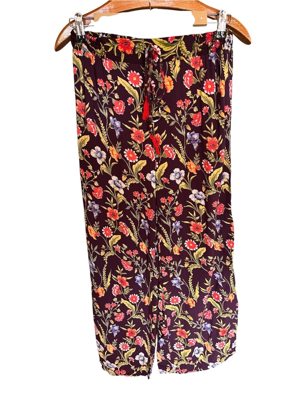 Angie Wide Leg Purple Floral Elastic-Waist Pants Small - Picture 1 of 10